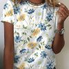 Women DJ | Floral Print Crew Neck Casual Short Sleeve T-Shirt White