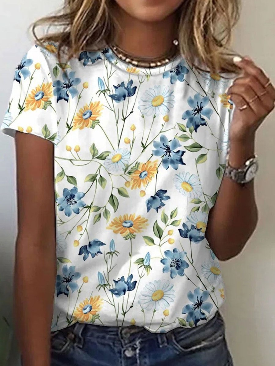 Women DJ | Floral Print Crew Neck Casual Short Sleeve T-Shirt White