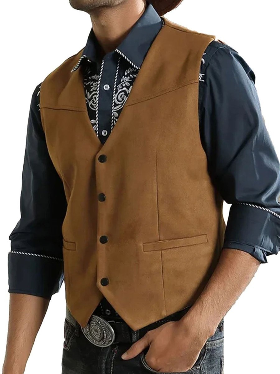 Men DJ Vest | American Retro Solid Color Suede Casual Vest Brown