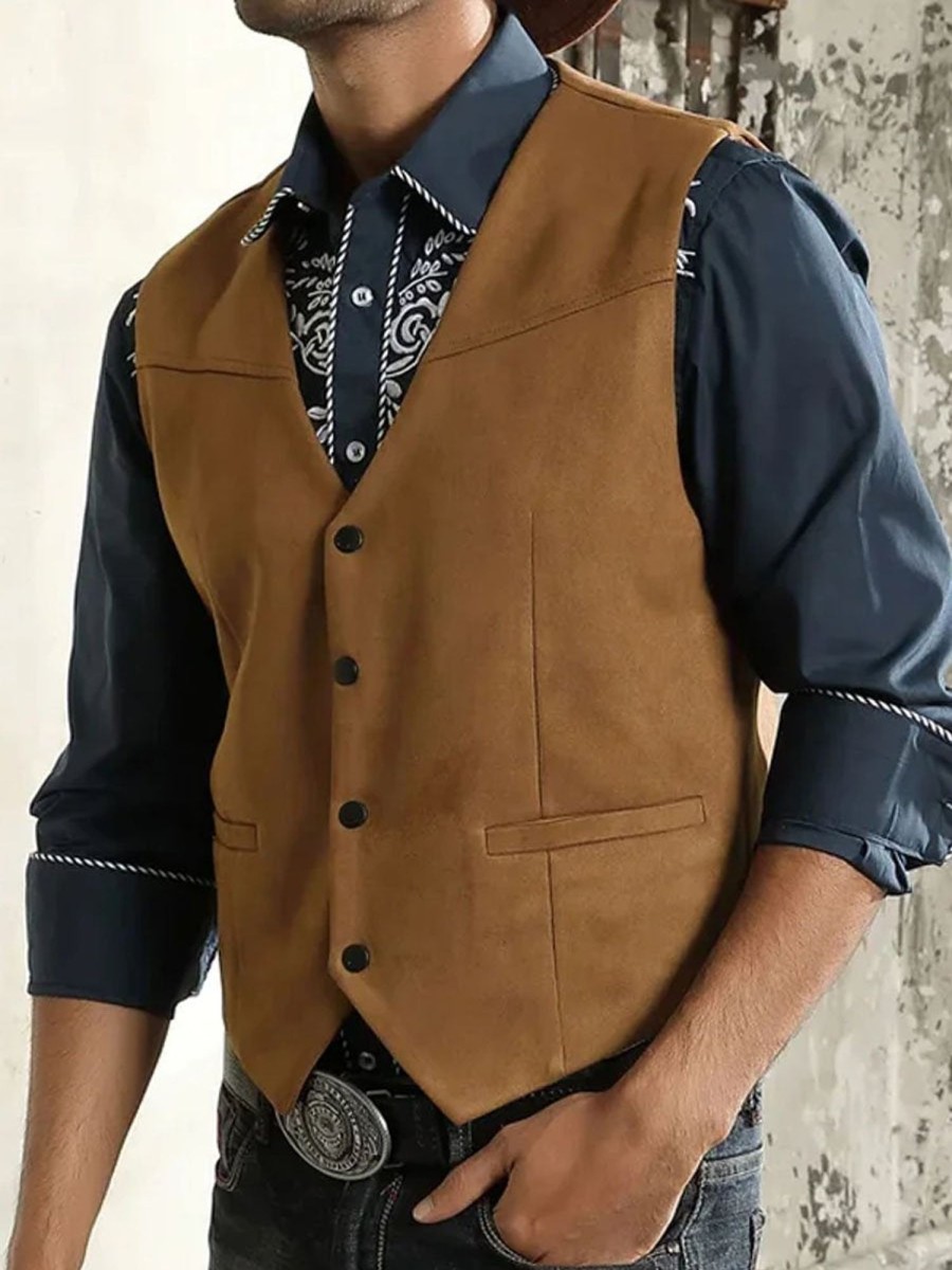 Men DJ Vest | American Retro Solid Color Suede Casual Vest Brown