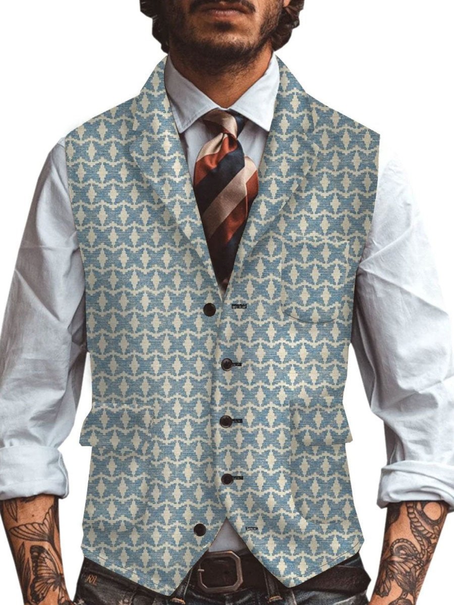 Men DJ Vest | Geometric Print Three-Pocket Lapel Suit Vest Photo Color