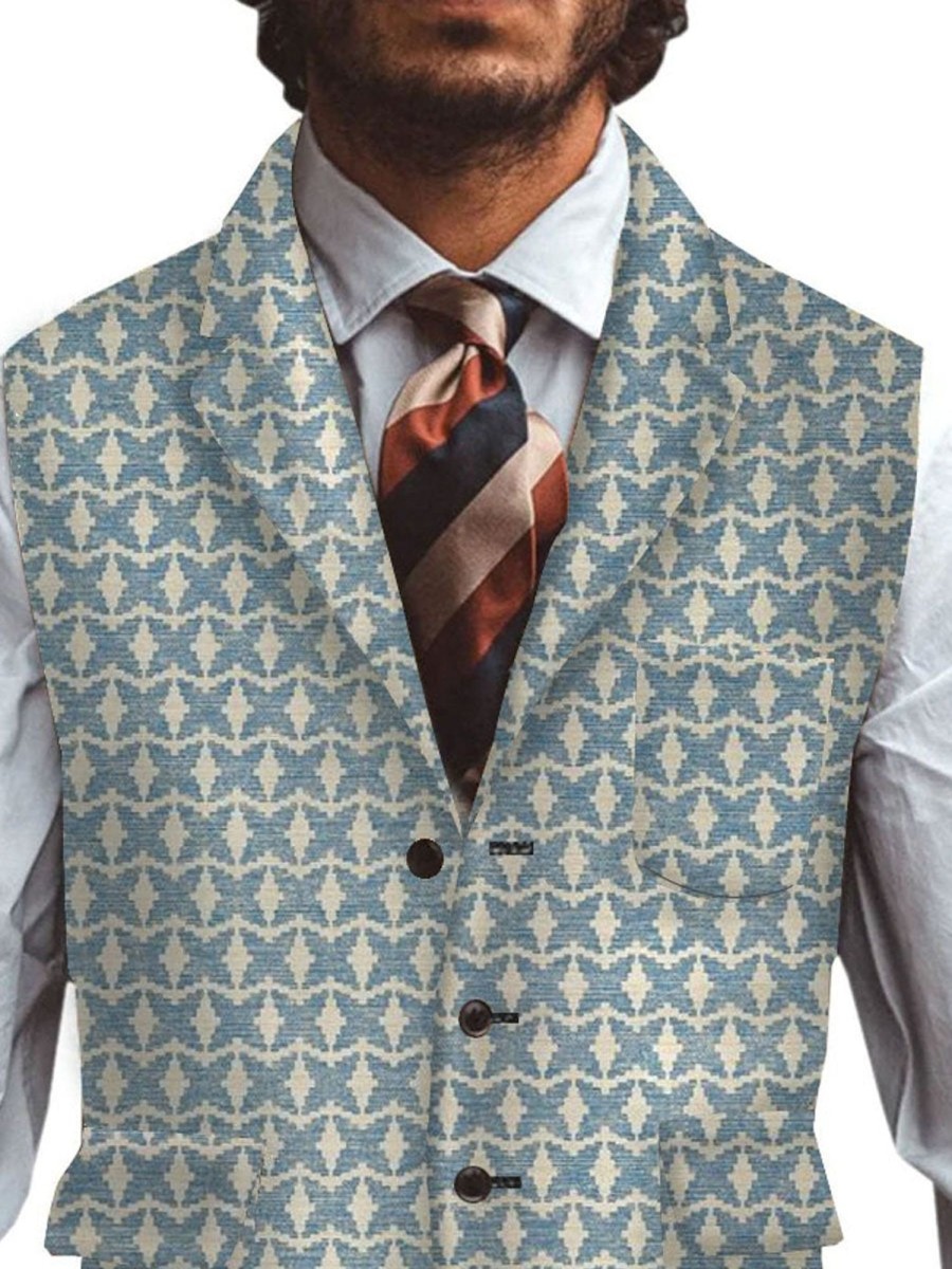 Men DJ Vest | Geometric Print Three-Pocket Lapel Suit Vest Photo Color