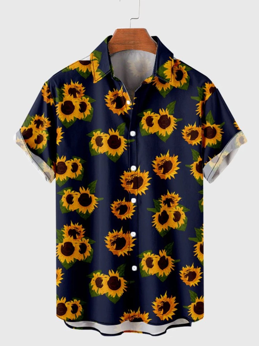 Men HLJ Shirts | Sunflower Print Hawaiian Short Sleeve Shirt Dark Blue