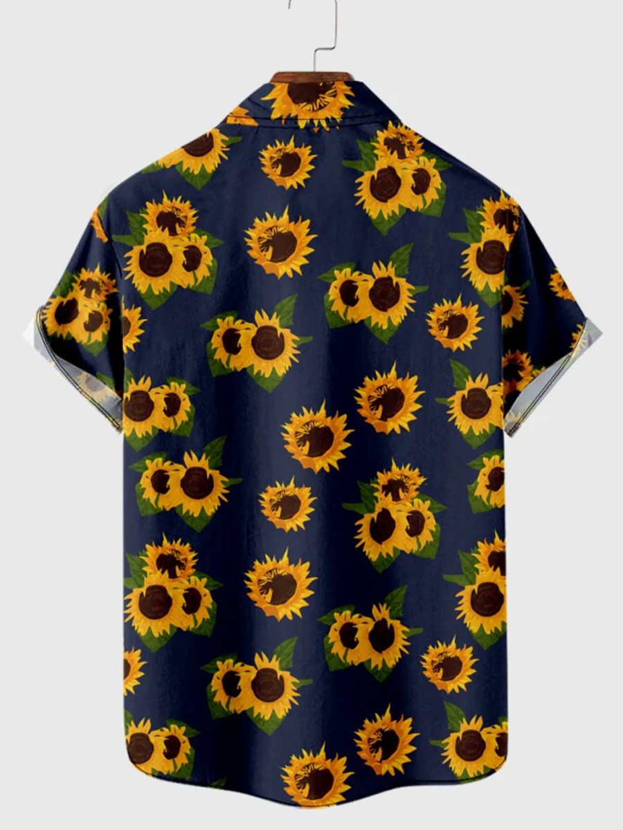 Men HLJ Shirts | Sunflower Print Hawaiian Short Sleeve Shirt Dark Blue