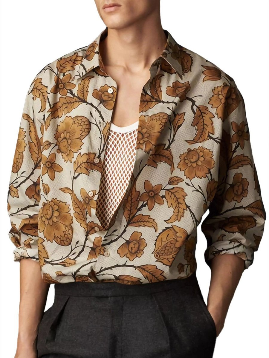 Men QMY Casual Long Sleeve Shirts | Gentleman'S Elegant Floral Long Sleeve Shirt Brown