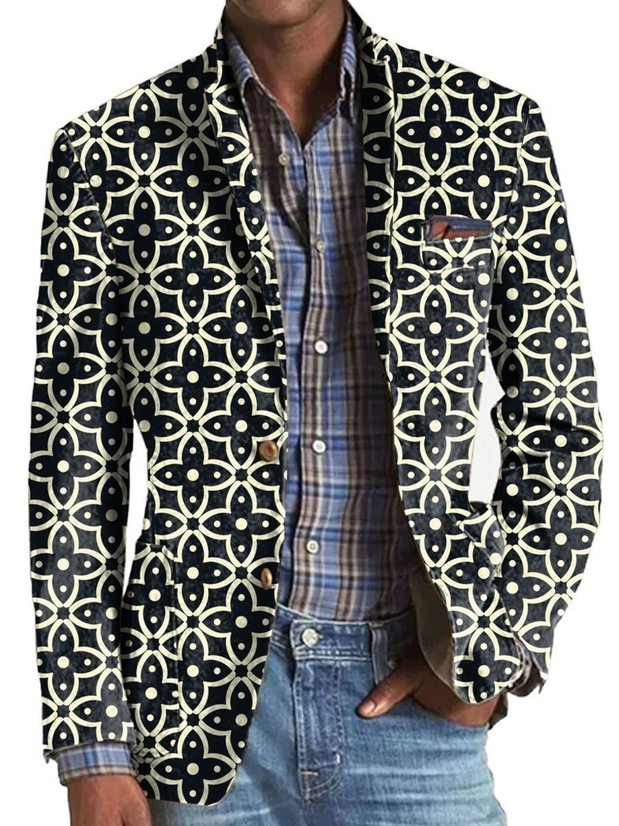 Men BXL Print Jacket | Men'S Clover Print Pocket Casual Blazer Black