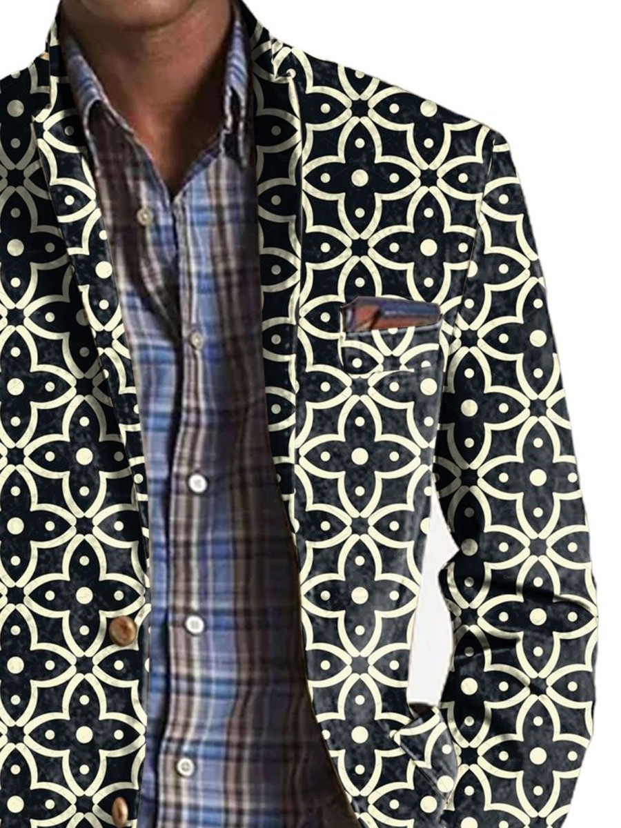 Men BXL Print Jacket | Men'S Clover Print Pocket Casual Blazer Black