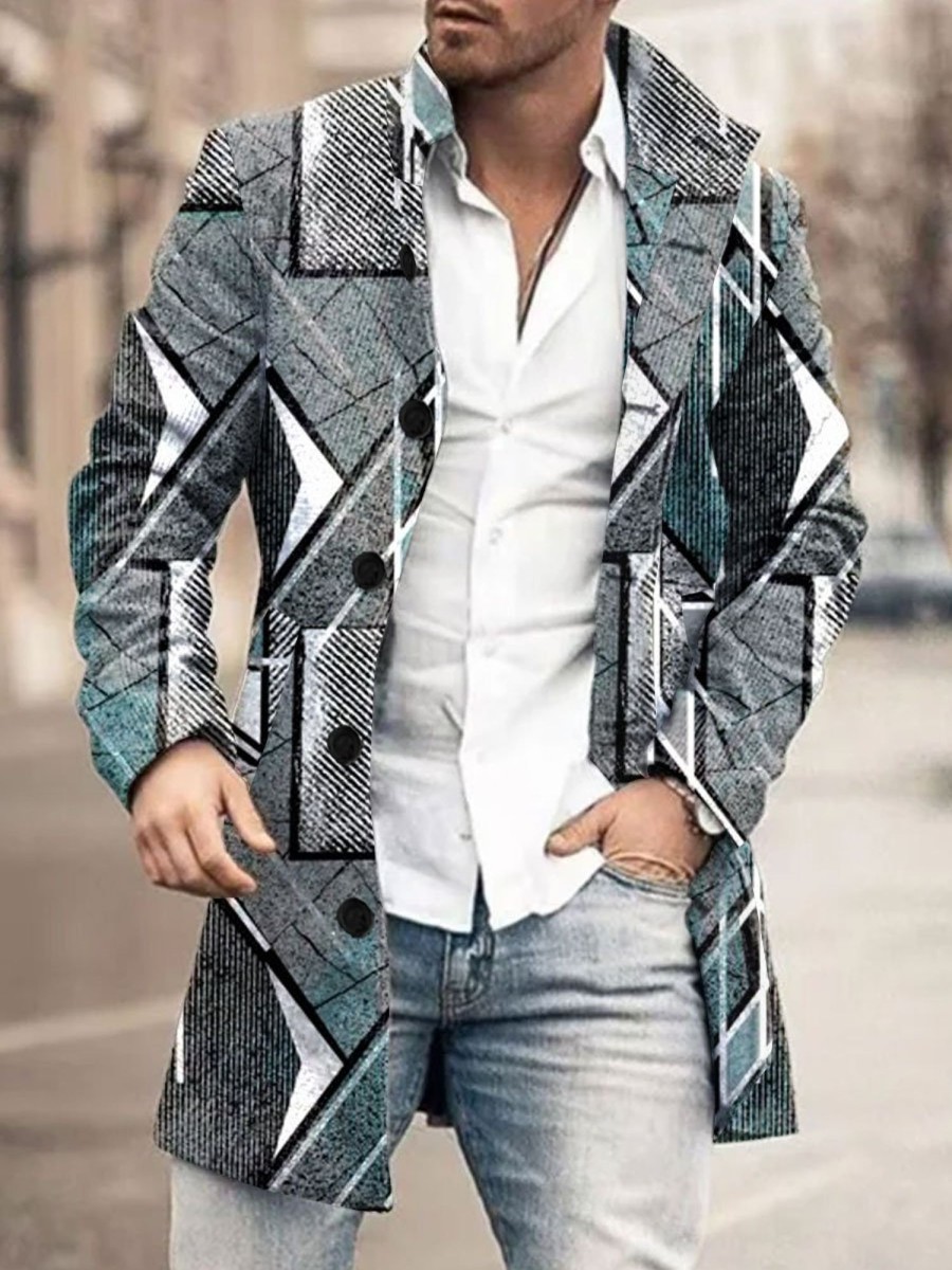 Men BXL Print Jacket | Men'S Casual Button Pockets Geometric Print Wool Stand Collar Coat Gray