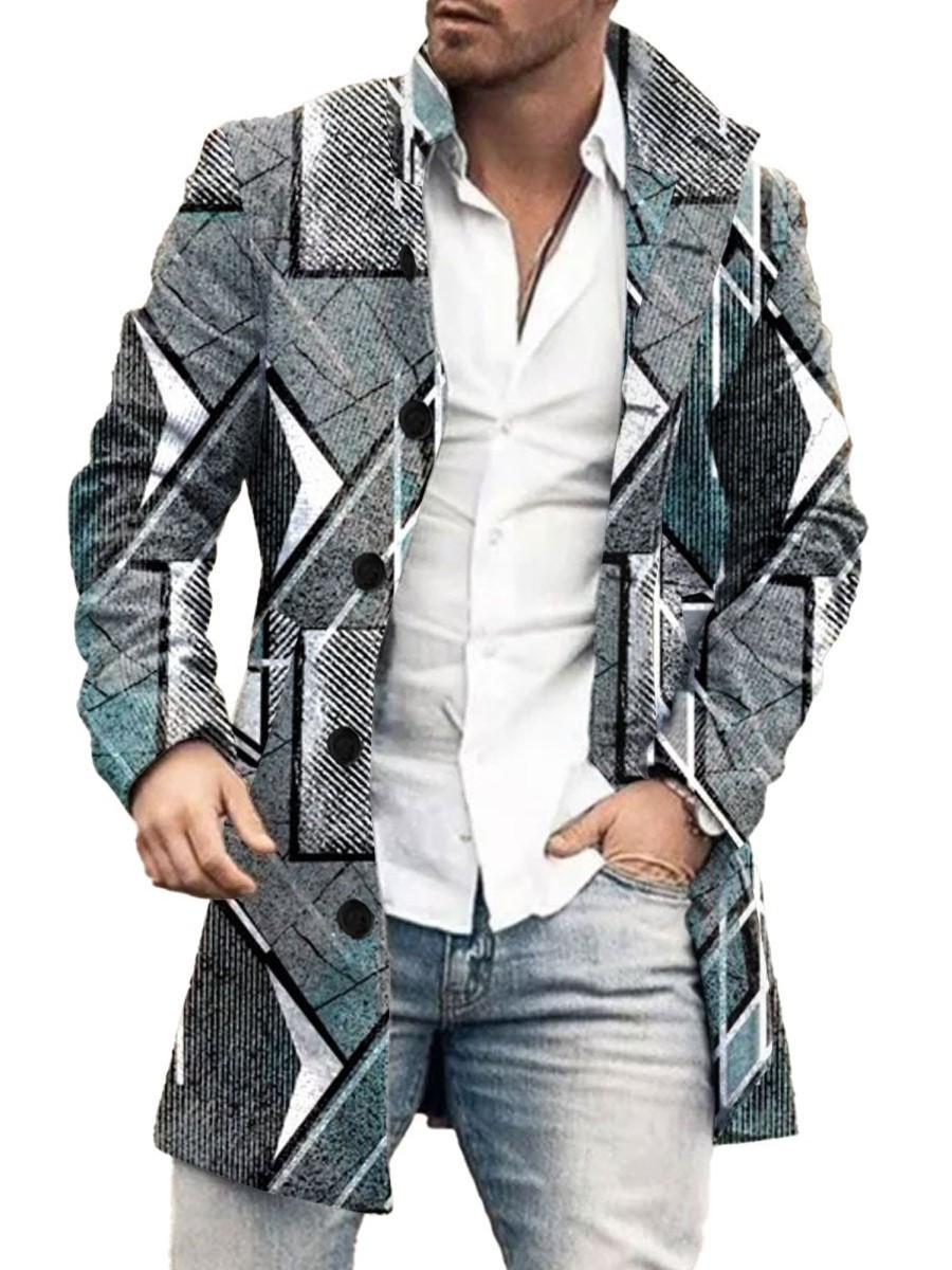 Men BXL Print Jacket | Men'S Casual Button Pockets Geometric Print Wool Stand Collar Coat Gray