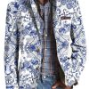 Men DJ Print Jacket | And White Porcelain Print Three-Pocket Lapel Casual Blazer Blue