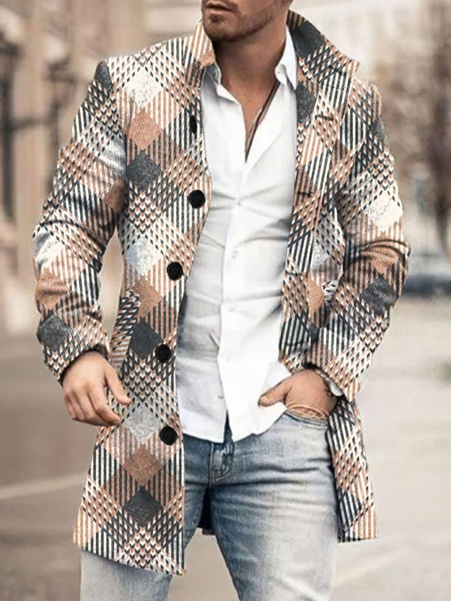 Men BXL Print Jacket | Men'S Casual Retro Plaid Print Single-Breasted Double-Pocket Wool Coat Khaki