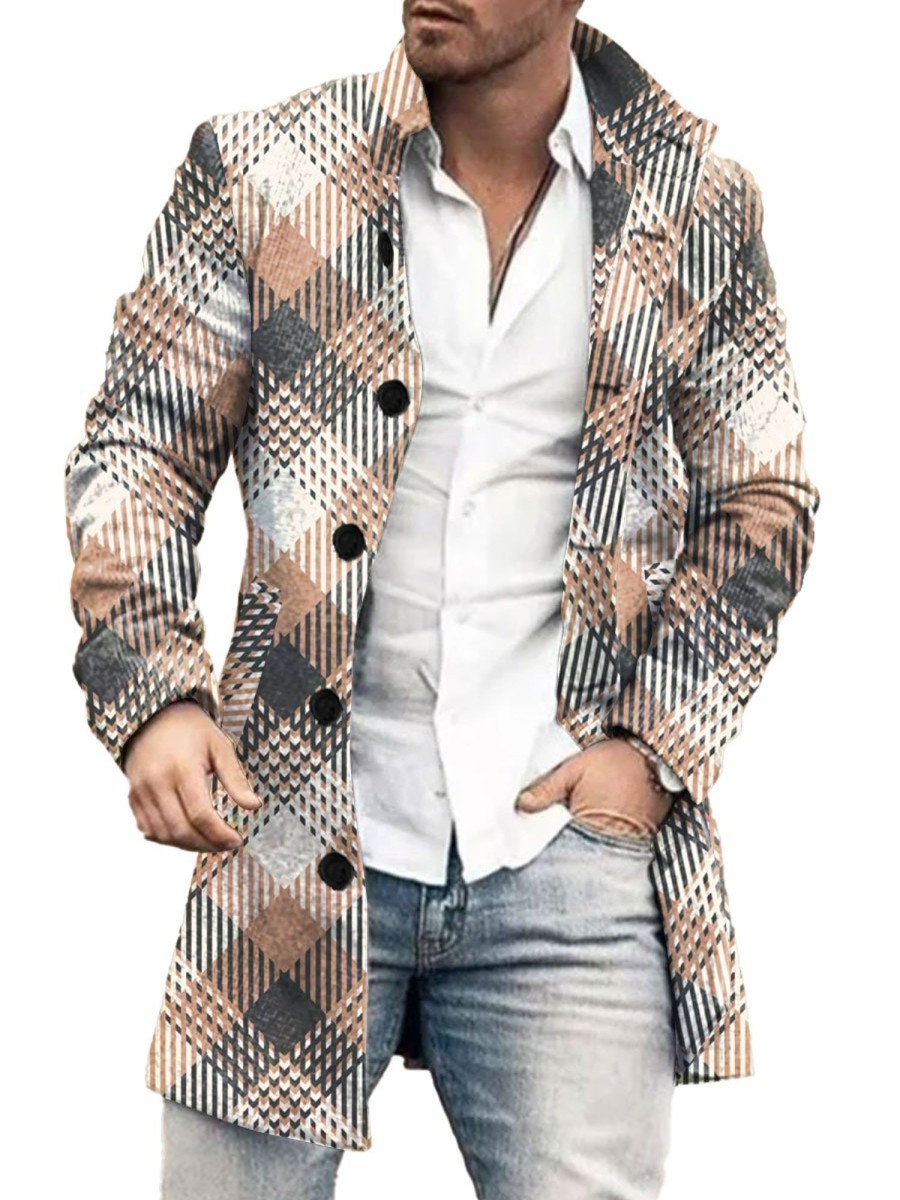 Men BXL Print Jacket | Men'S Casual Retro Plaid Print Single-Breasted Double-Pocket Wool Coat Khaki