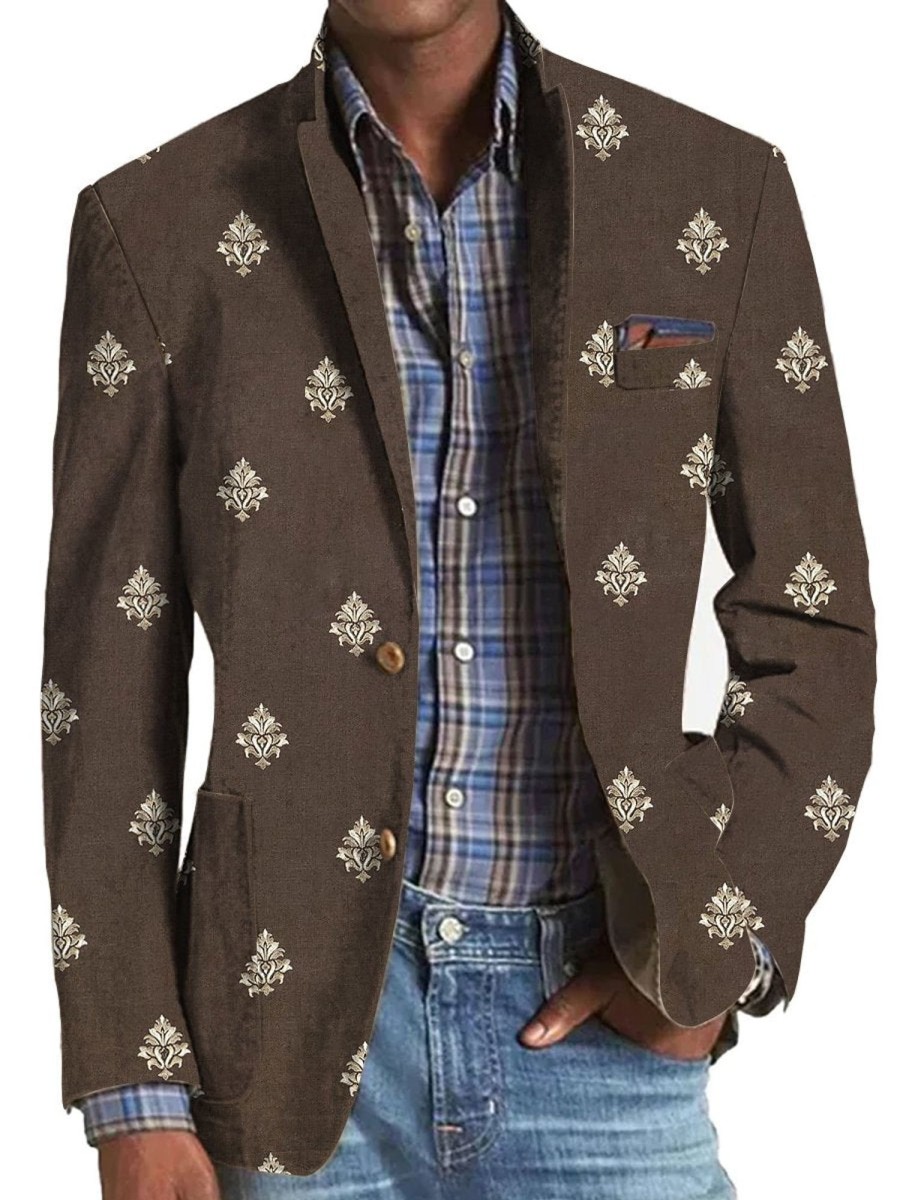 Men QMY Print Jacket | Vintage Printed Three Pocket Lapel Blazer Photo Color