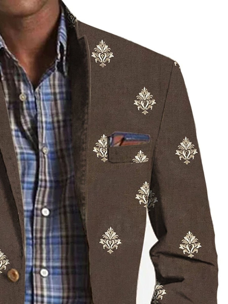 Men QMY Print Jacket | Vintage Printed Three Pocket Lapel Blazer Photo Color