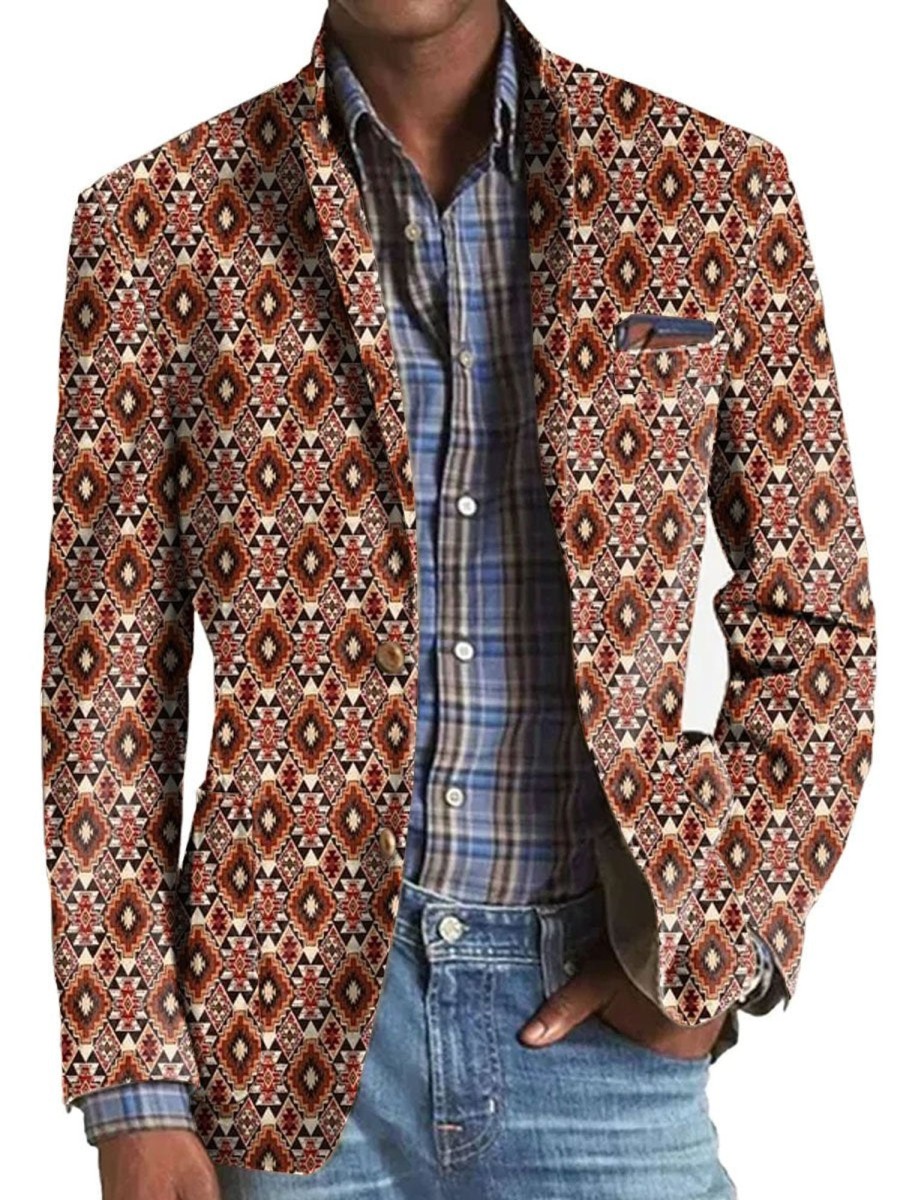 Men DJ Print Jacket | American Retro Geometric Print 3-Pocket Casual Blazer Photo Color