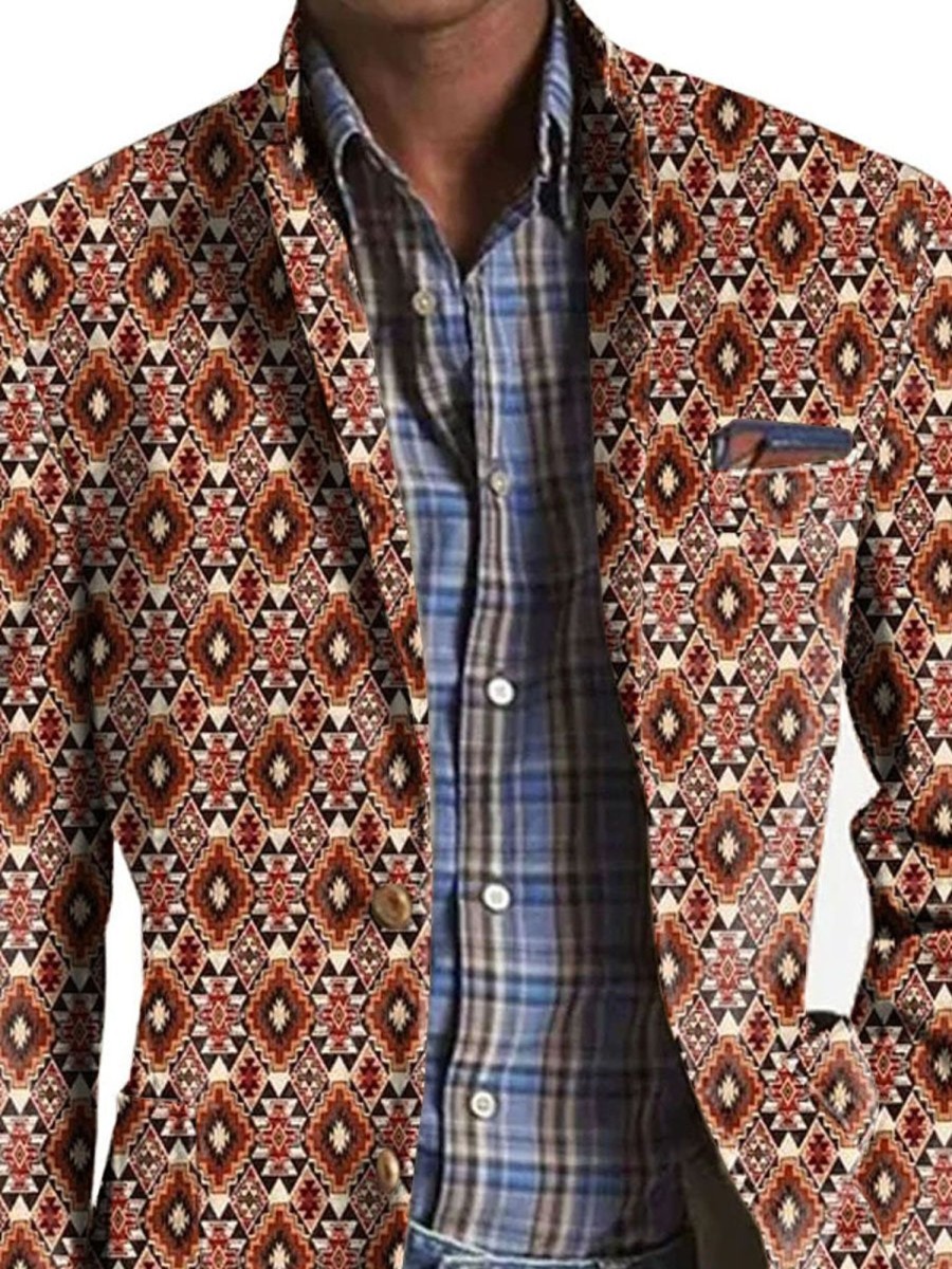 Men DJ Print Jacket | American Retro Geometric Print 3-Pocket Casual Blazer Photo Color