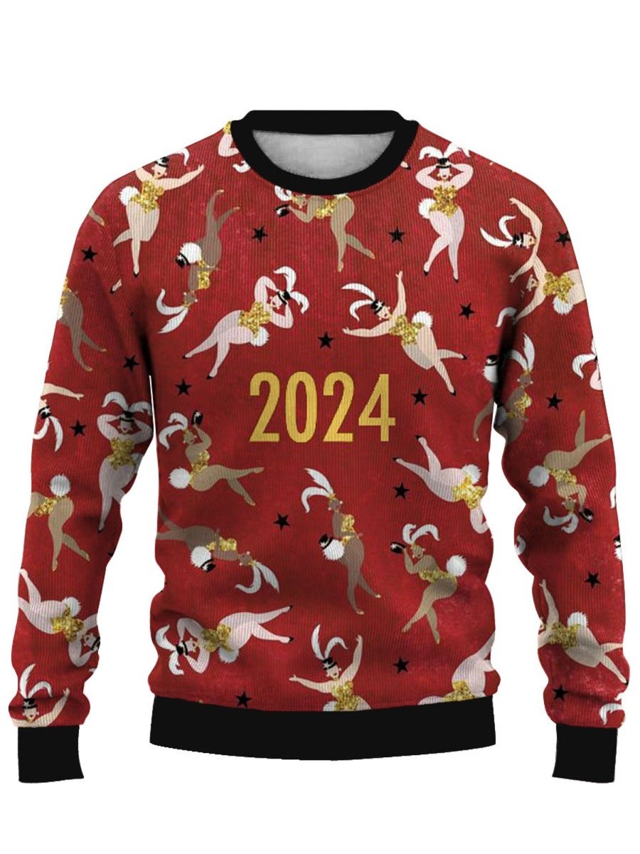 Men DJ Ugly Sweater | 2024 Happy Dancer Print Casual Crew Neck Sweatshirt Red