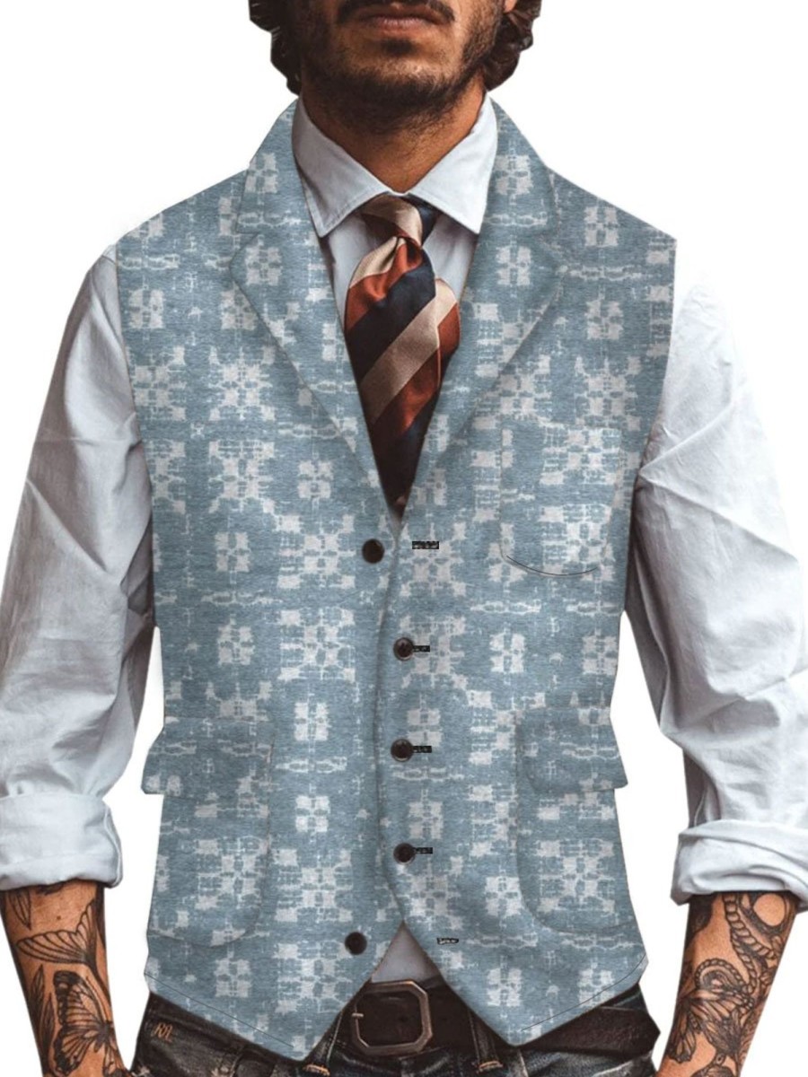 Men DJ Vest | Retro Abstract Print Lapel Three-Pocket Casual Vest Blue