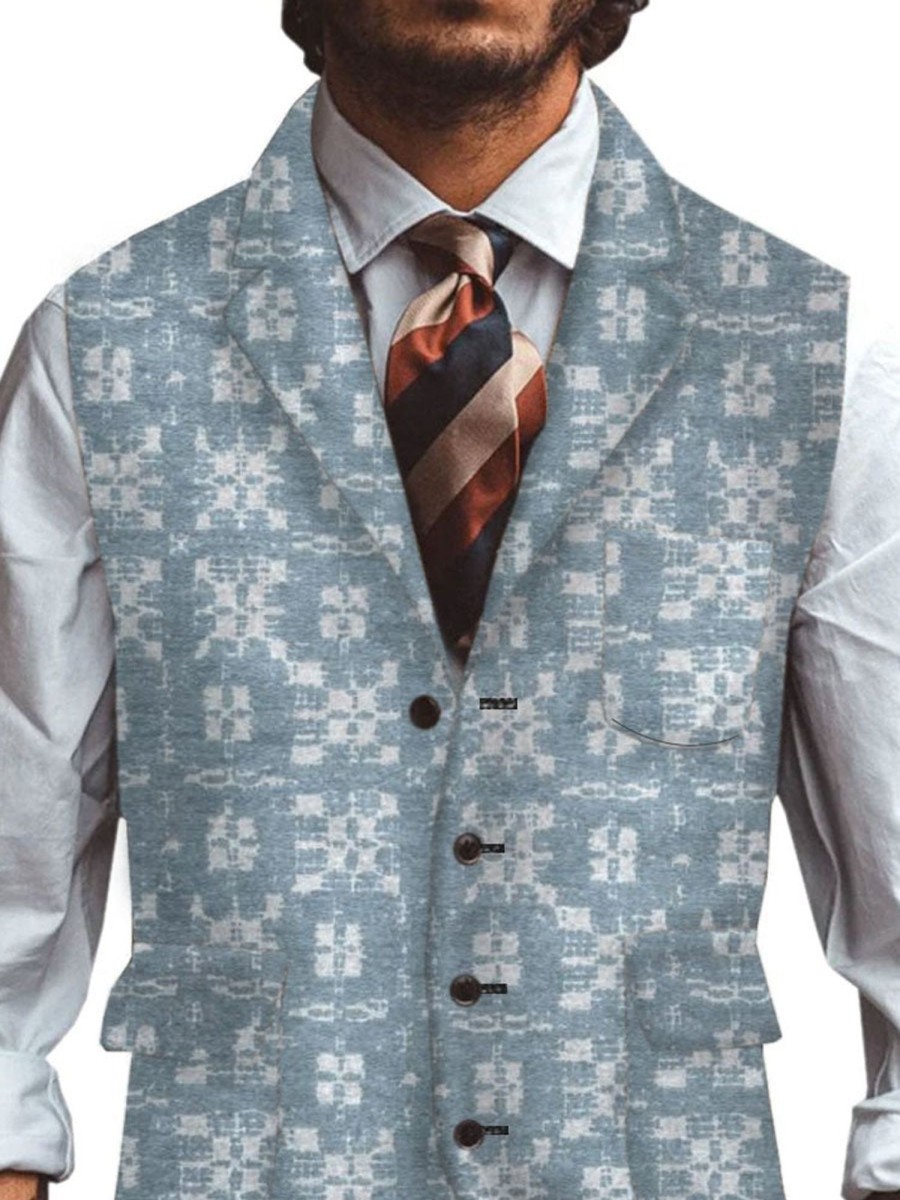 Men DJ Vest | Retro Abstract Print Lapel Three-Pocket Casual Vest Blue