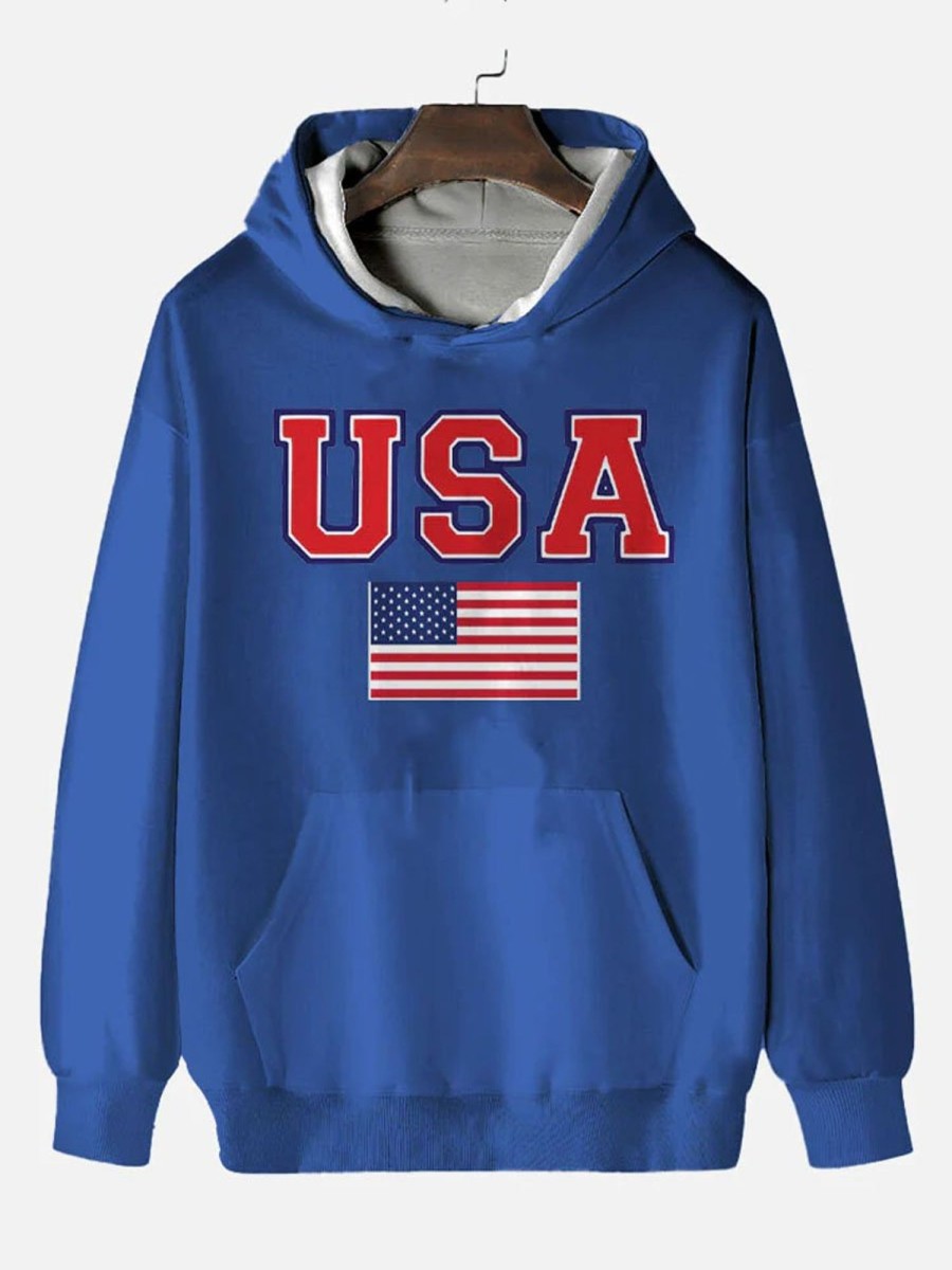 Men DJ T-Shirts | American Flag Print Hooded Sweatshirt Blue