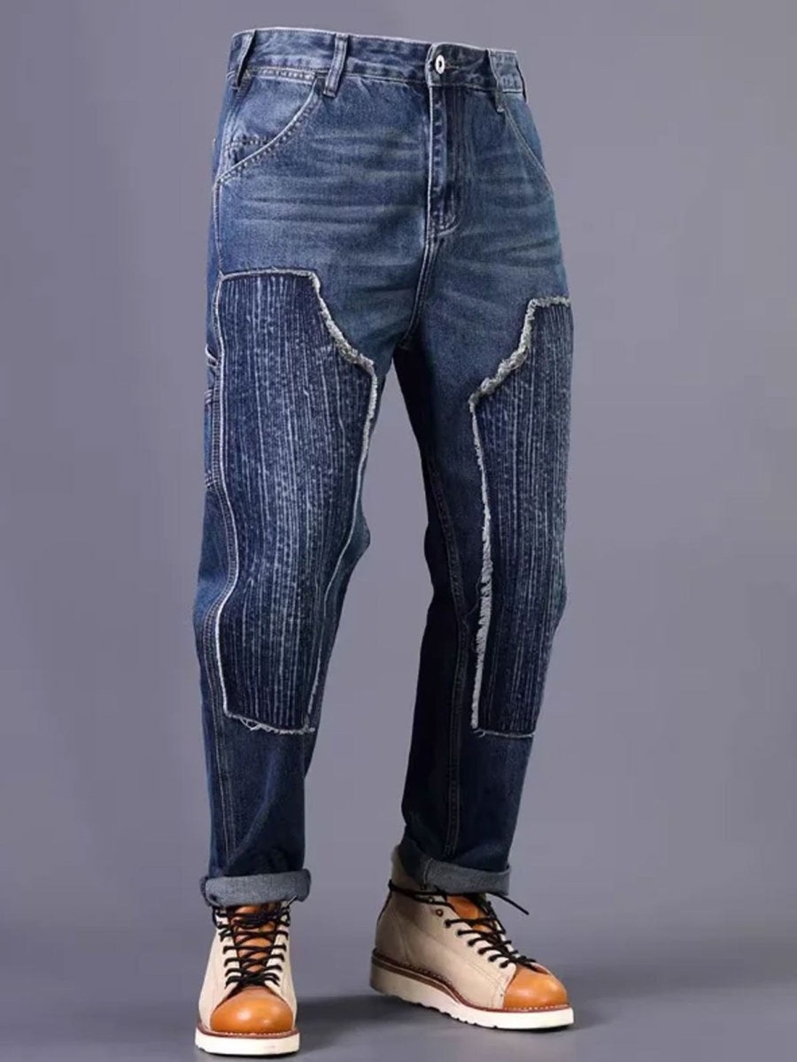 Men BXL Bottoms | Men'S Vintage Patchwork Washed Casual Jeans Blue