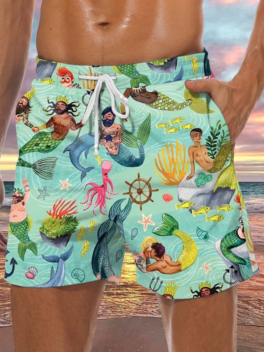 Men DJ Shorts | Under The Sea Mermaid Print Two-Pocket Shorts