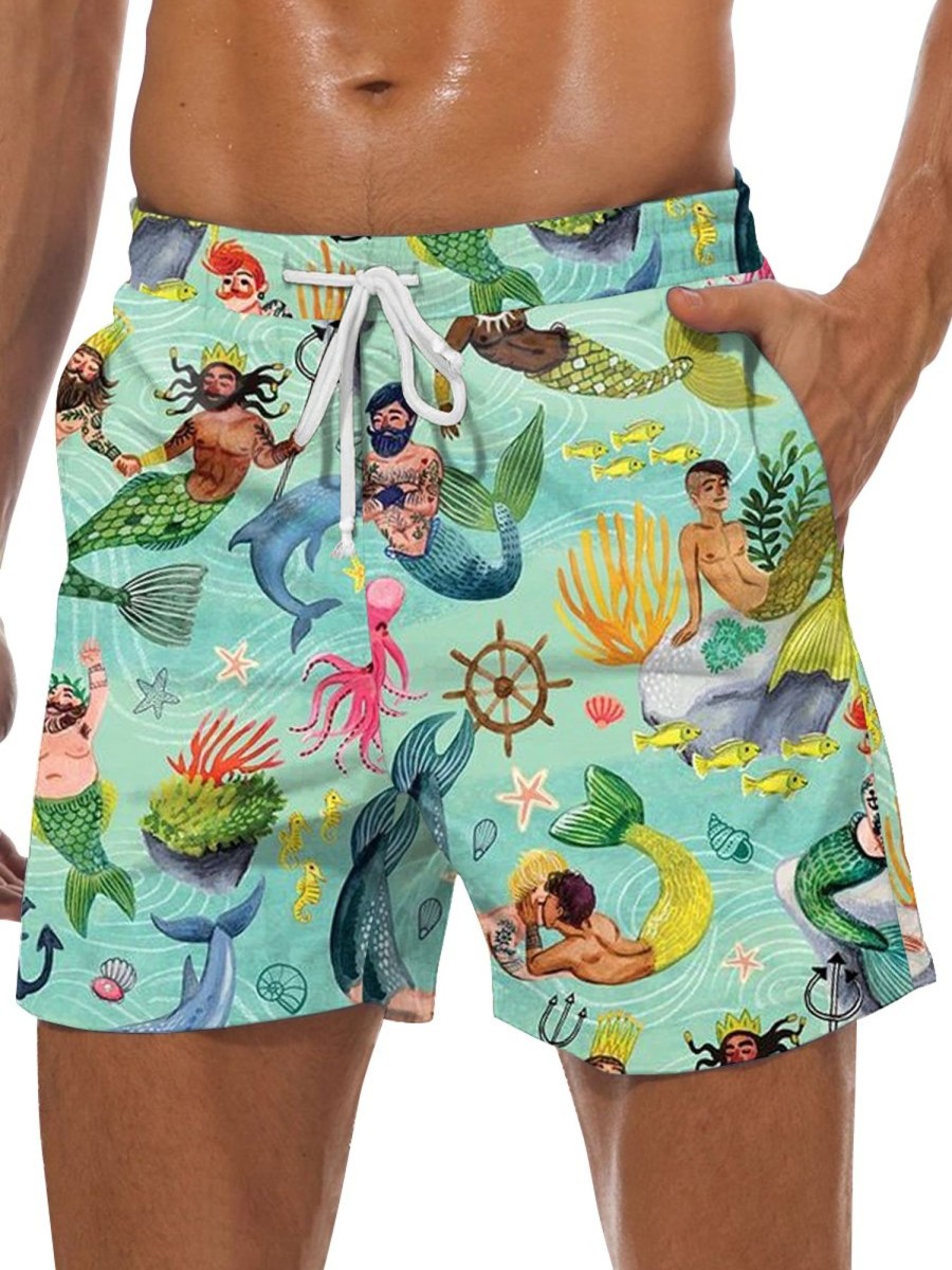 Men DJ Shorts | Under The Sea Mermaid Print Two-Pocket Shorts