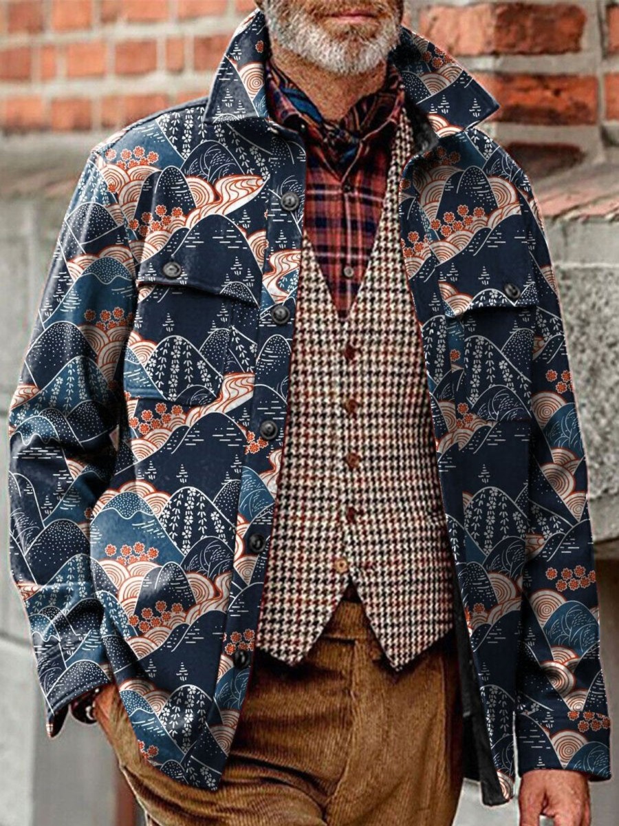 Men DJ Jacket | Vintage Ukiyoe Print Corduroy Pocket Lapel Jacket Photo Color