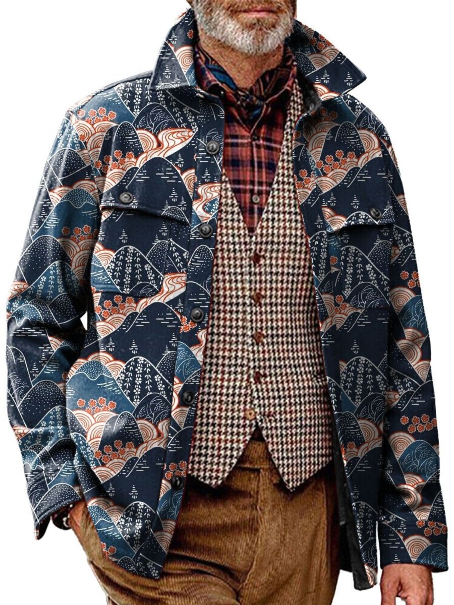 Men DJ Jacket | Vintage Ukiyoe Print Corduroy Pocket Lapel Jacket Photo Color