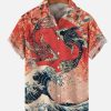 Men DJ Shirts | Japanese Ukiyo-E Carp Print Casual Short-Sleeved Shirt Red