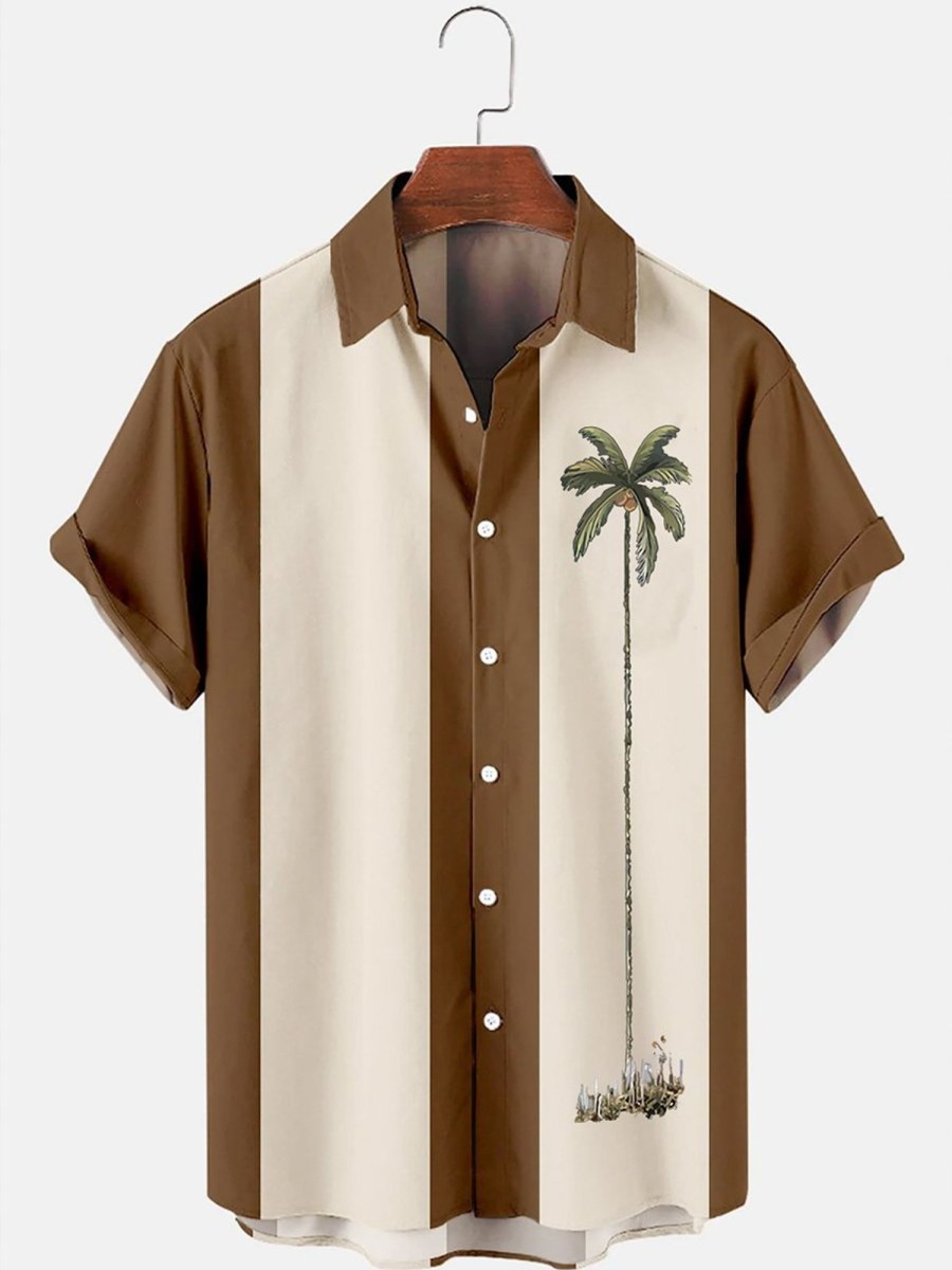 Men HLJ Shirts | Men'S Resort Style Coconut Tree Casual Short Sleeve Shirt Brown