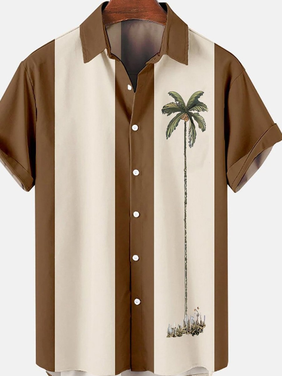 Men HLJ Shirts | Men'S Resort Style Coconut Tree Casual Short Sleeve Shirt Brown