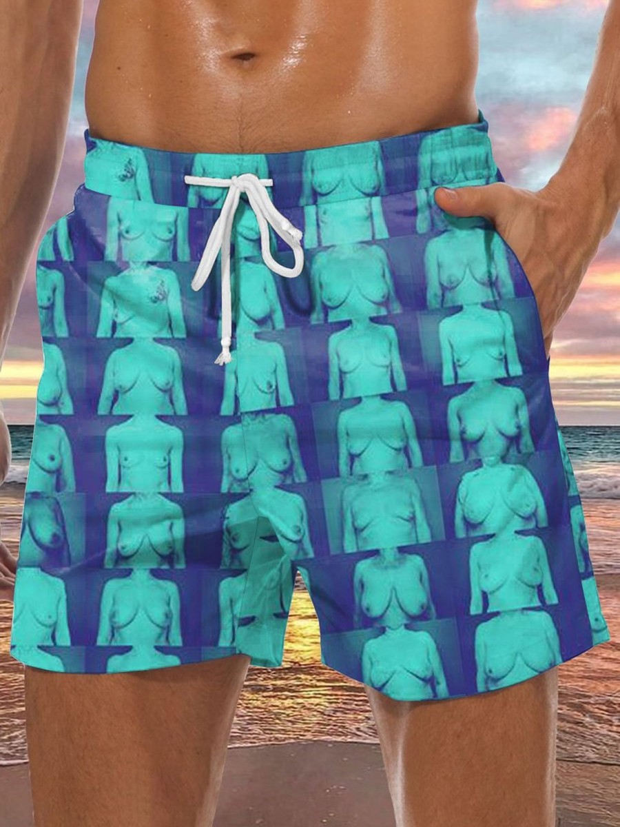 Men DJ Shorts | Faux Boobs Print Pocket Track Shorts Blue