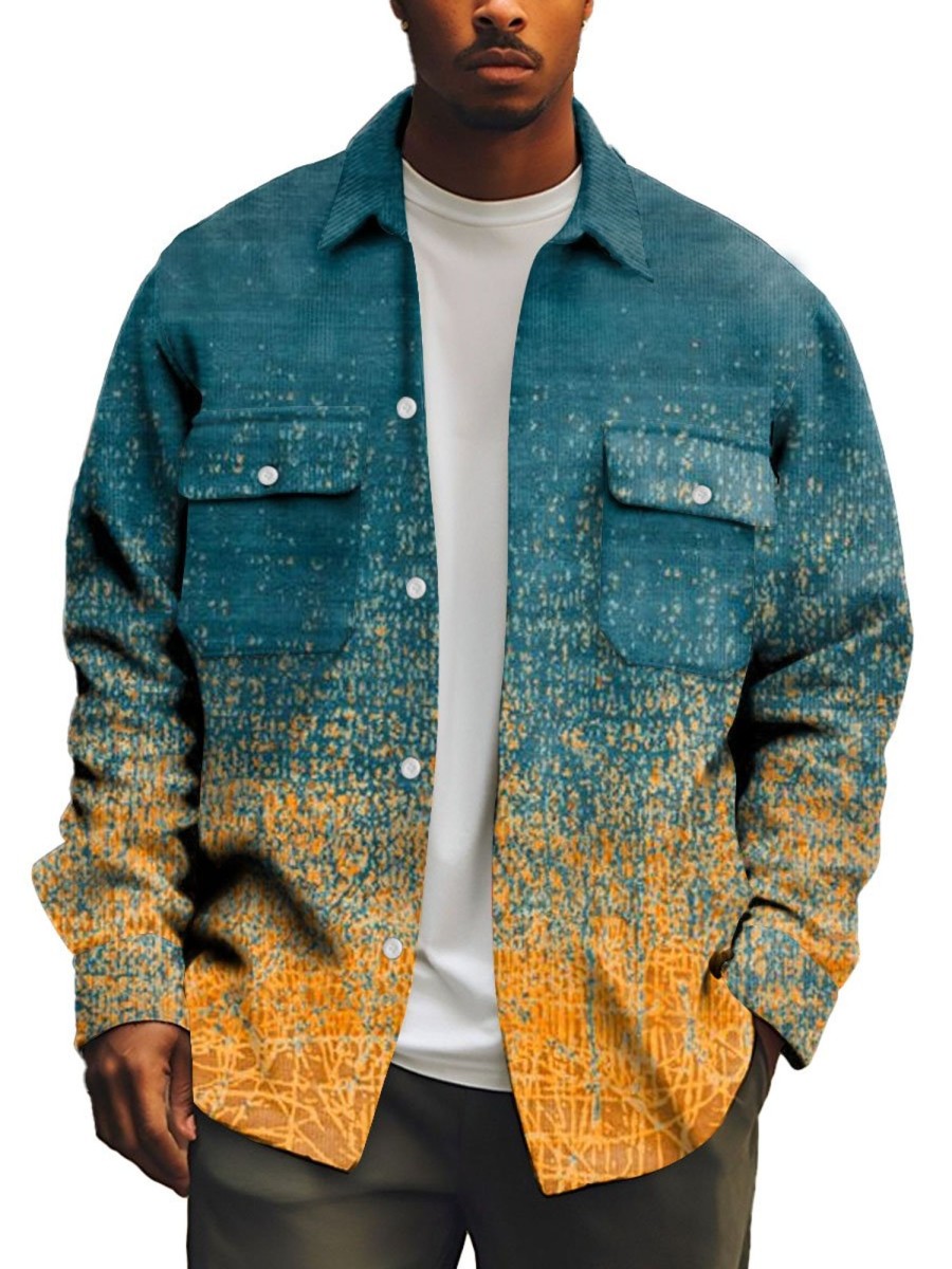 Men DJ Print Jacket | Vintage Gradient Print Pocket Lapel Corduroy Jacket Photo Color