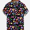 Men DJ Shirts | Colorful Heart Patterned Printing Short Sleeve Shirt Black