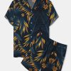 Men HLJ Set | Hawaiian Floral Print Button Pocket Two-Piece Set Dark Blue