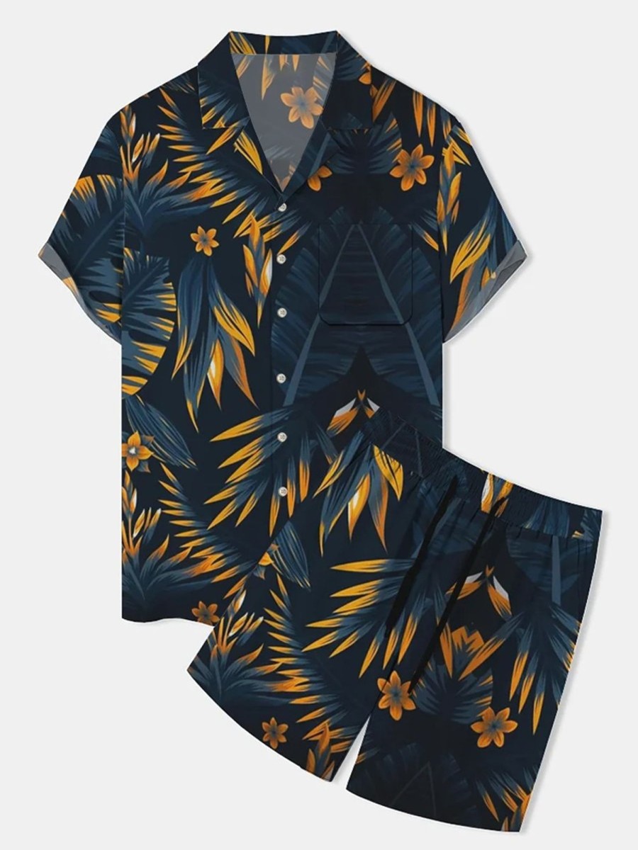 Men HLJ Set | Hawaiian Floral Print Button Pocket Two-Piece Set Dark Blue