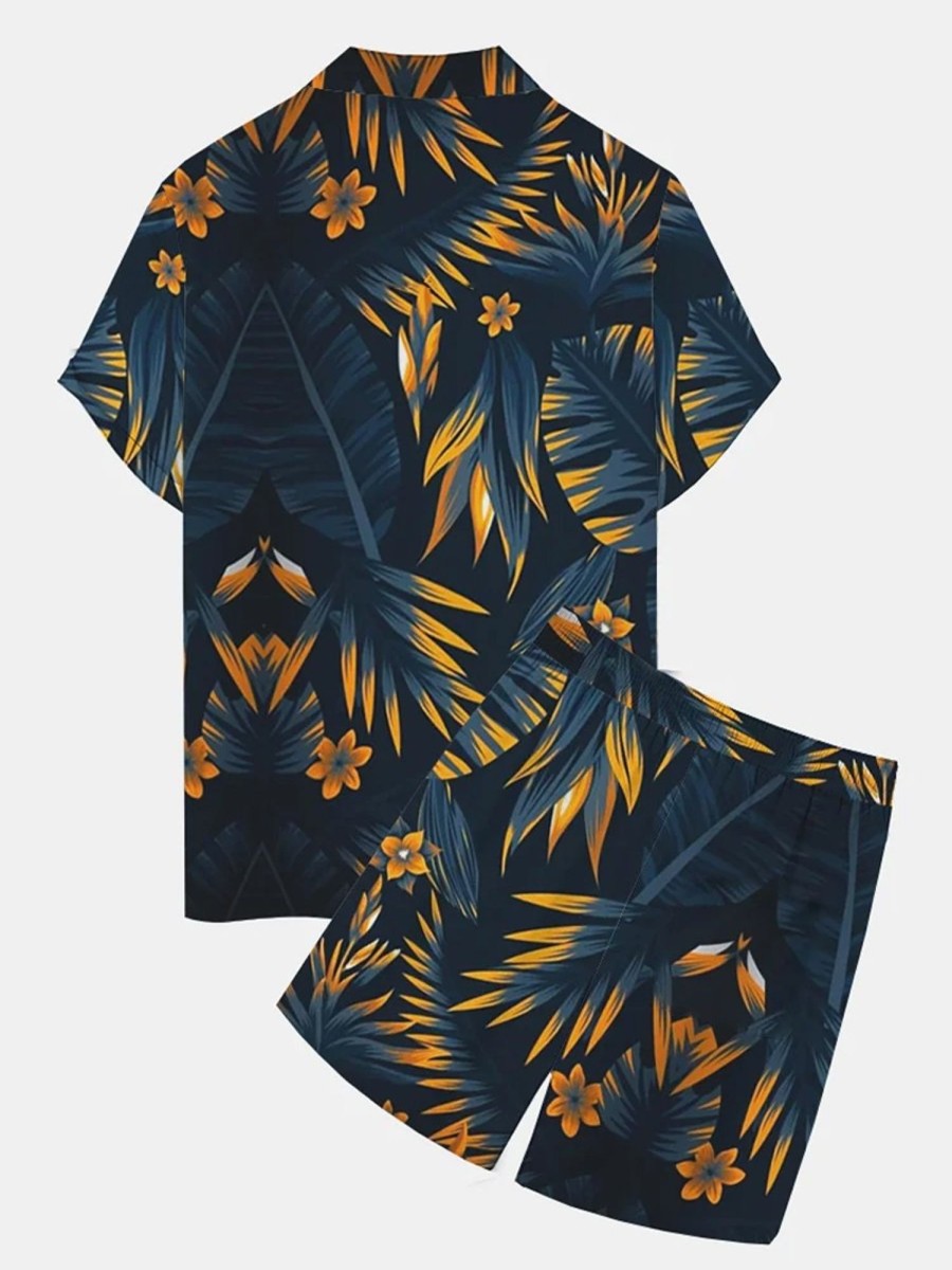 Men HLJ Set | Hawaiian Floral Print Button Pocket Two-Piece Set Dark Blue