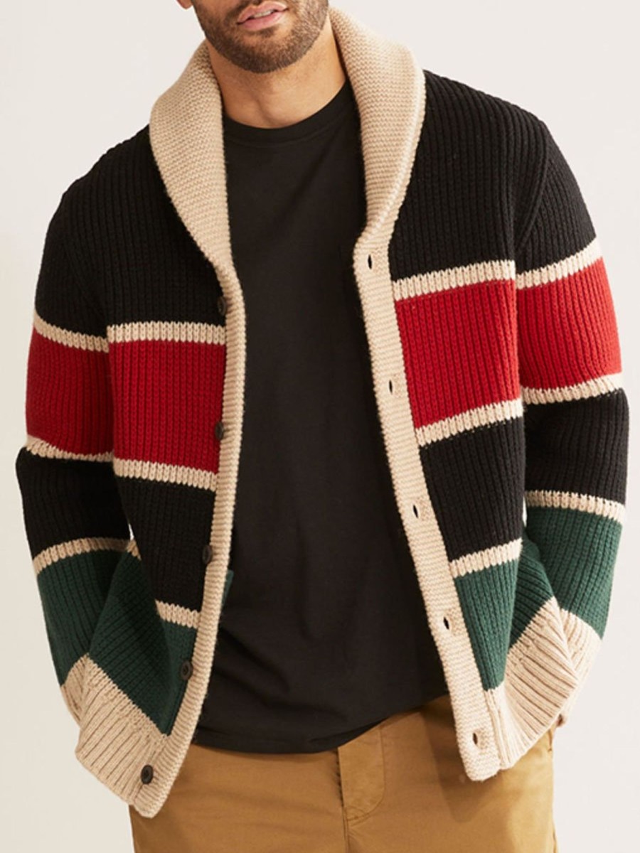 Men DJ Cardigan | Autumn And Winter Color Contrast Striped Lapel Knitted Cardigan Photo Color