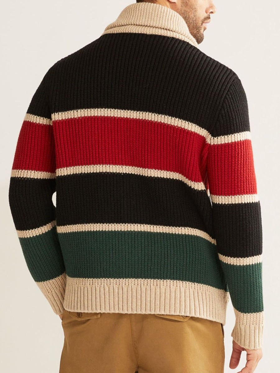 Men DJ Cardigan | Autumn And Winter Color Contrast Striped Lapel Knitted Cardigan Photo Color