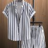 Men DJ Set | Black And Striped Print Casual Hawaiian Short Sleeve Shirt And Shorts Two-Piece Set White