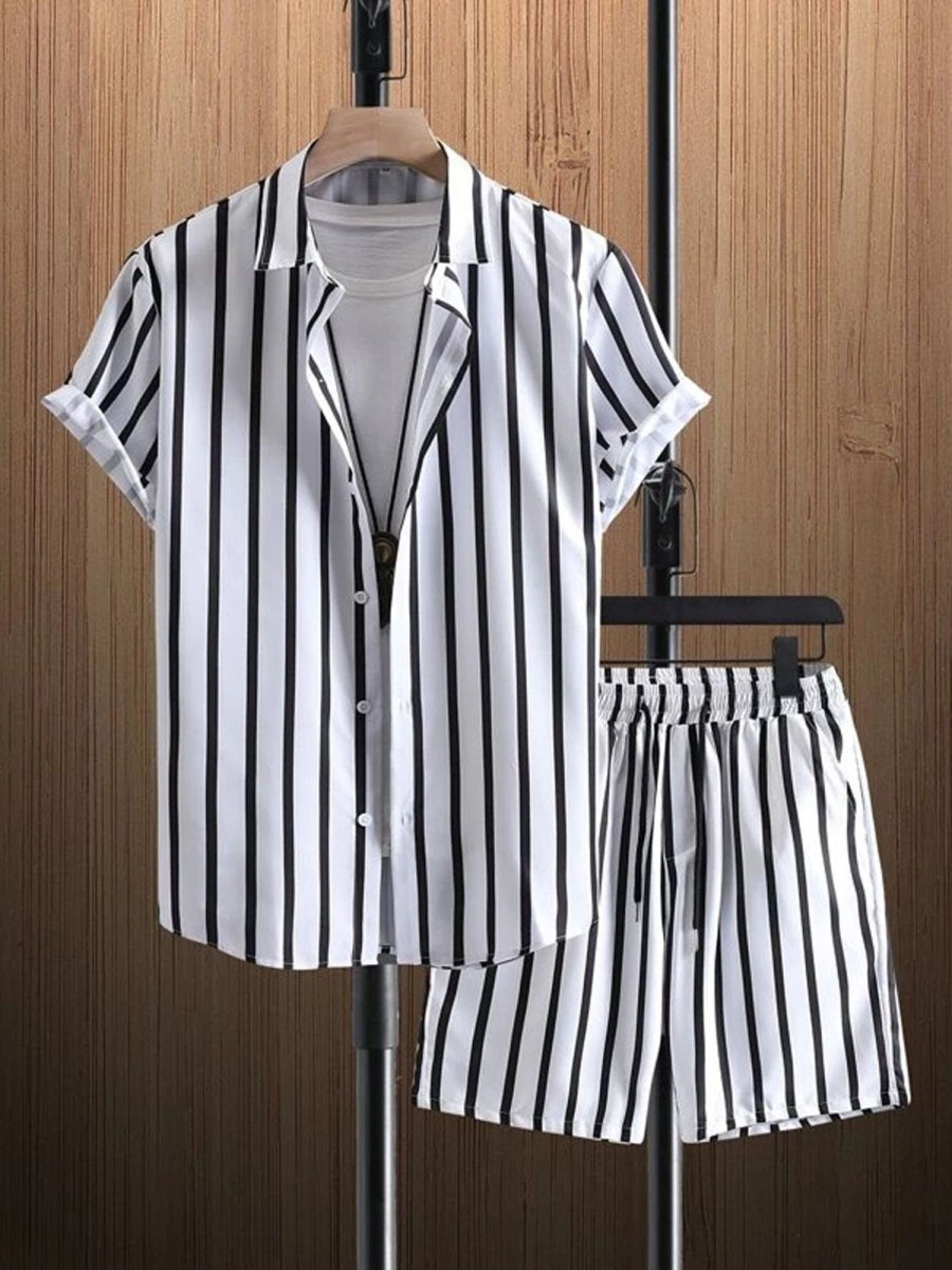 Men DJ Set | Black And Striped Print Casual Hawaiian Short Sleeve Shirt And Shorts Two-Piece Set White