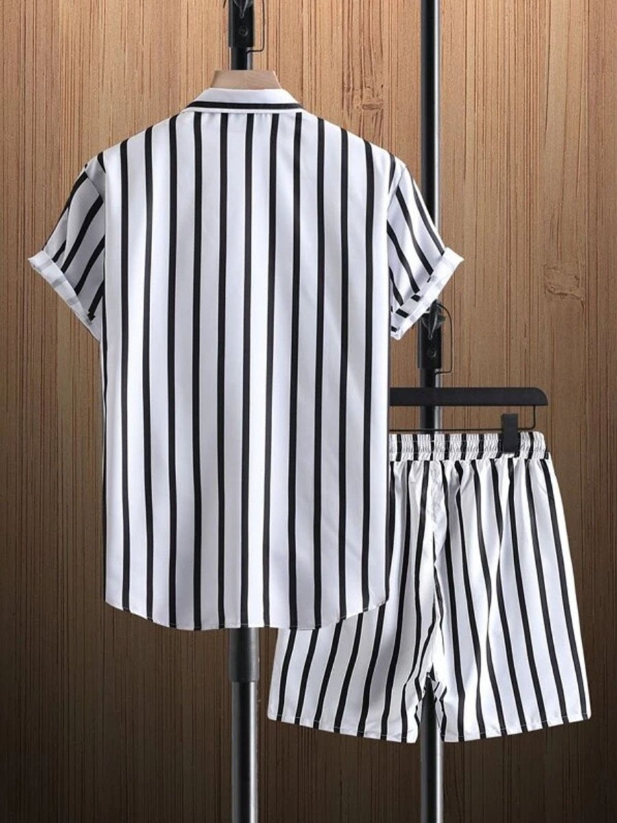 Men DJ Set | Black And Striped Print Casual Hawaiian Short Sleeve Shirt And Shorts Two-Piece Set White