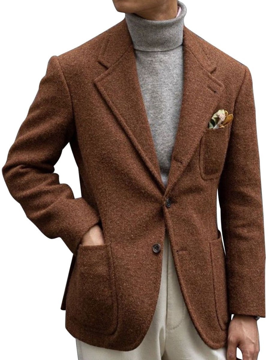 Men BXL Jacket | Solid Color Wool Multi-Pocket Lapel Casual Blazer Brown