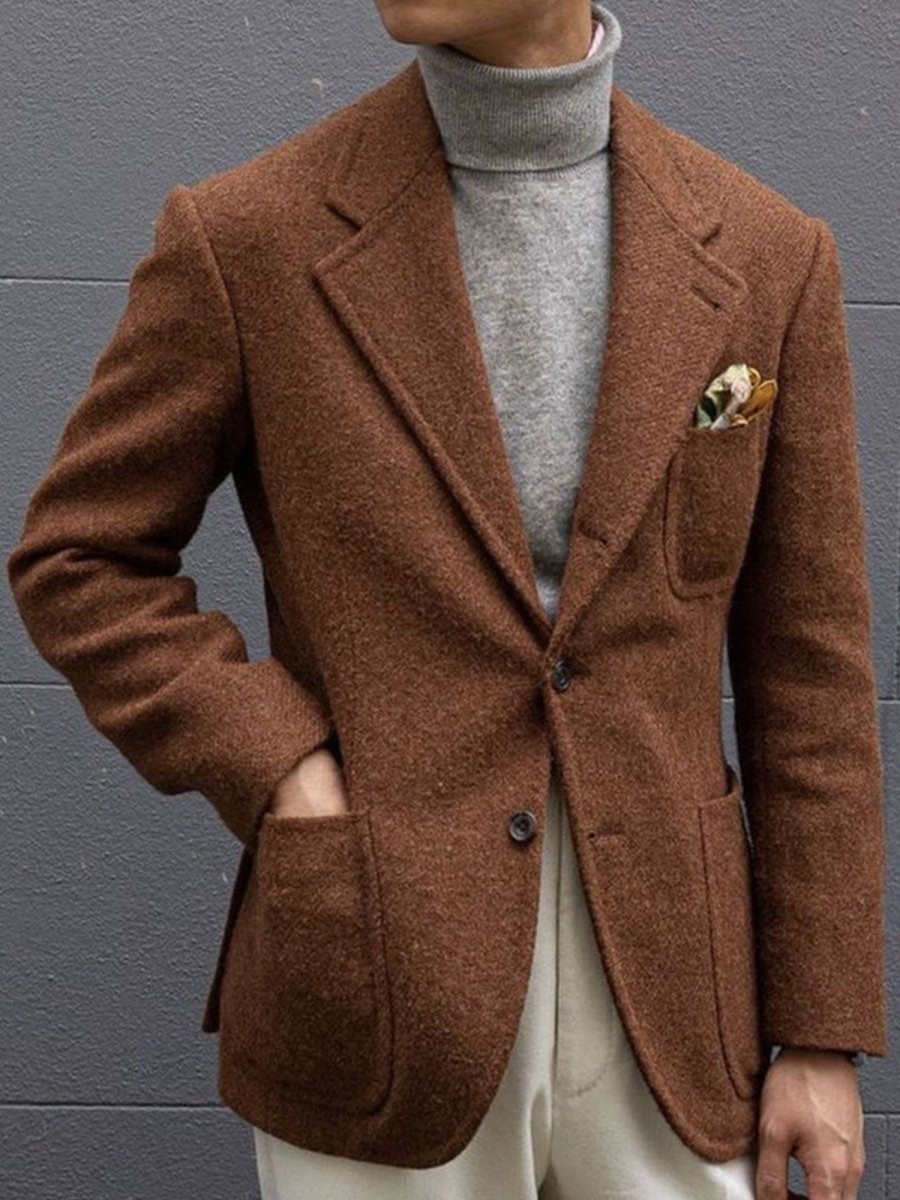 Men BXL Jacket | Solid Color Wool Multi-Pocket Lapel Casual Blazer Brown