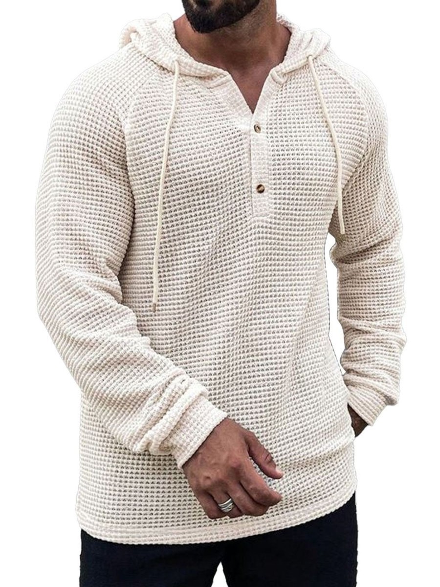 Men DJ Casual Hoodie | Solid Color Waffle Half Open Collar Casual Long Sleeve Hoodie White