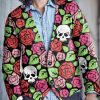 Men DJ Print Cardigan | Colorful Rose Skull Print V-Neck Knitted Cardigan Photo Color