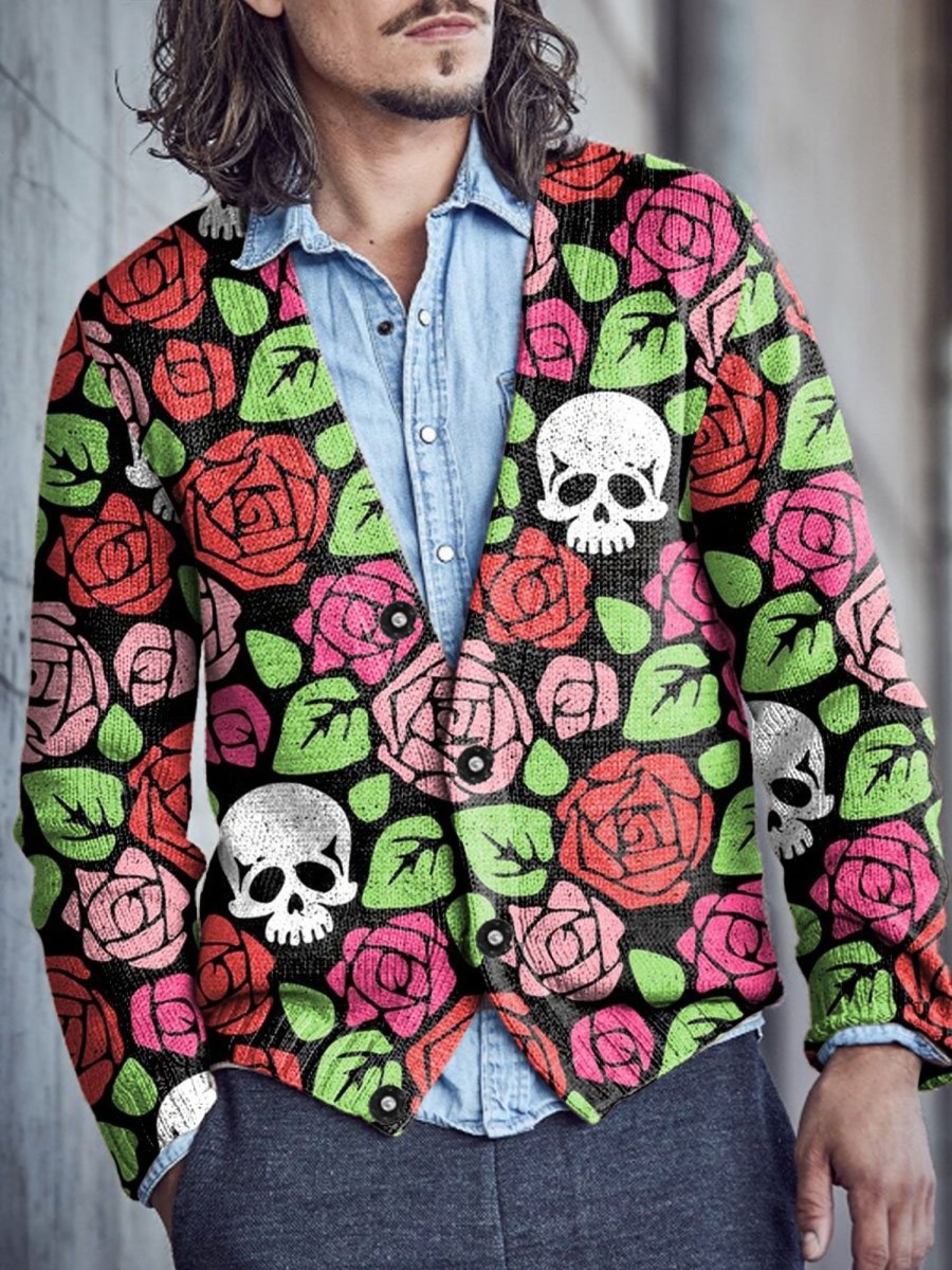 Men DJ Print Cardigan | Colorful Rose Skull Print V-Neck Knitted Cardigan Photo Color