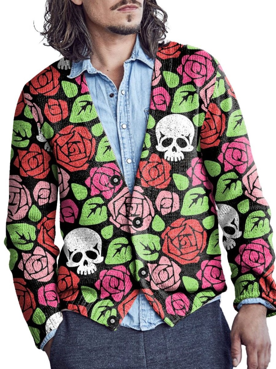 Men DJ Print Cardigan | Colorful Rose Skull Print V-Neck Knitted Cardigan Photo Color