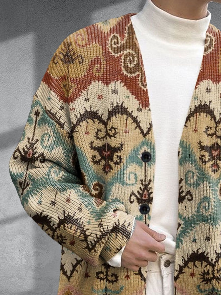 Men BXL Print Cardigan | Men'S Casual Retro Ethnic Print Single Breasted Sweater Cardigan 83181313Xl Khaki